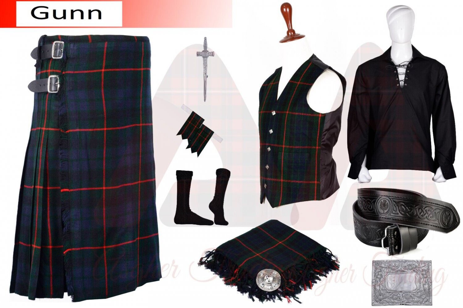 Traditional 8 yard Gunn Tartan kilt - Men's Scottish Highland kilts & Accessories