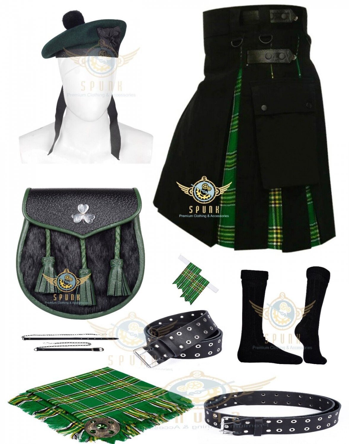Scottish Handmade Black With Irish Tartan Utility kilt, Cap & Accessories