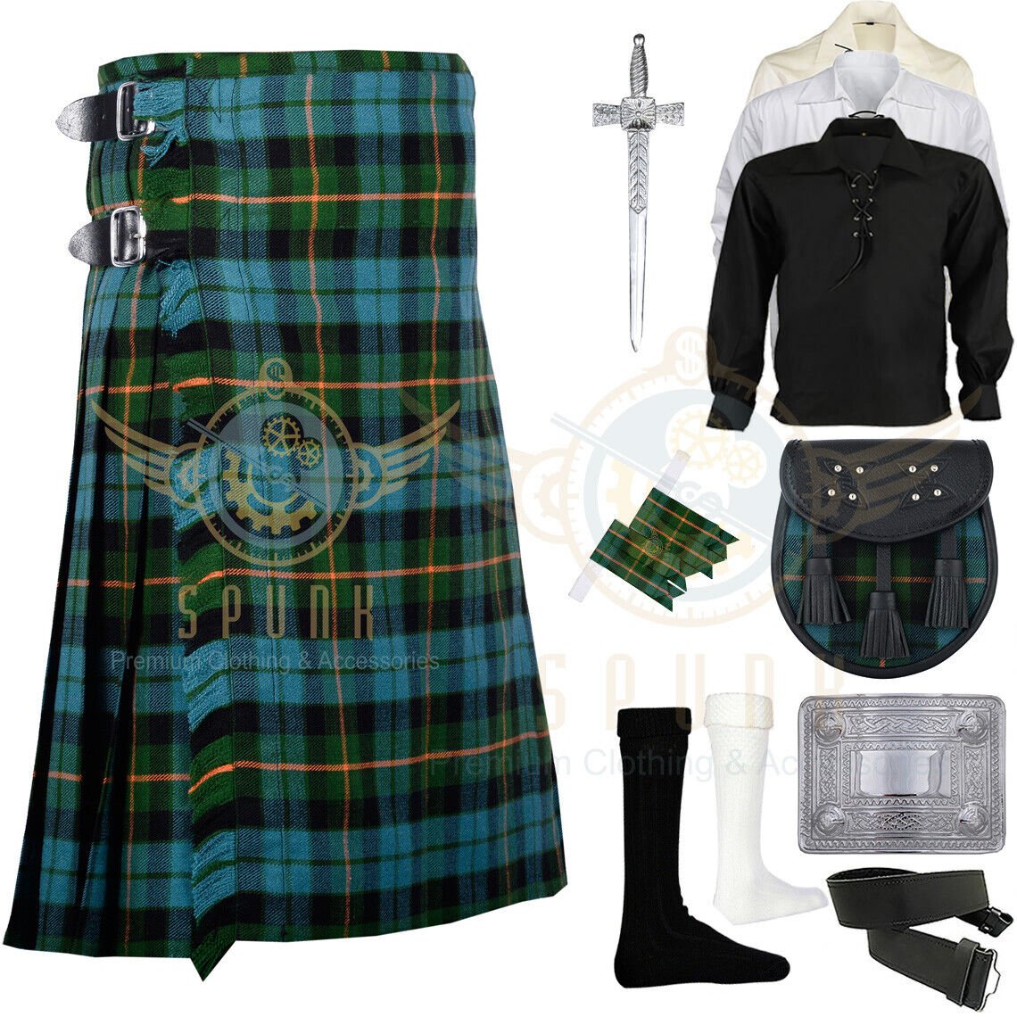 Men's Scottish Traditional 8 yard Gunn Ancient Tartan kilt - Sporran Shirt Pin Socks Belt