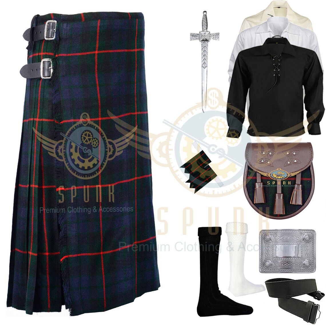 Men's Scottish Traditional 8 yard Gunn Tartan kilt - Sporran Shirt Pin Socks Belt
