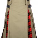 Scottish Khaki Cotton Utility Kilt under Pleats Wallace Tartan hybrid Handmade kilt