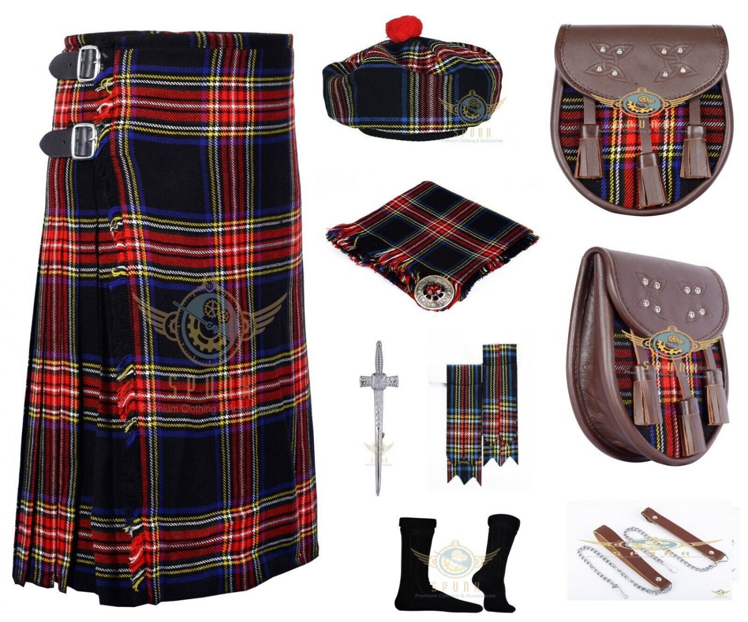 Scottish Highland Traditional Handmade Men's 8 YARD Black Stewart TARTAN KILT and accessories