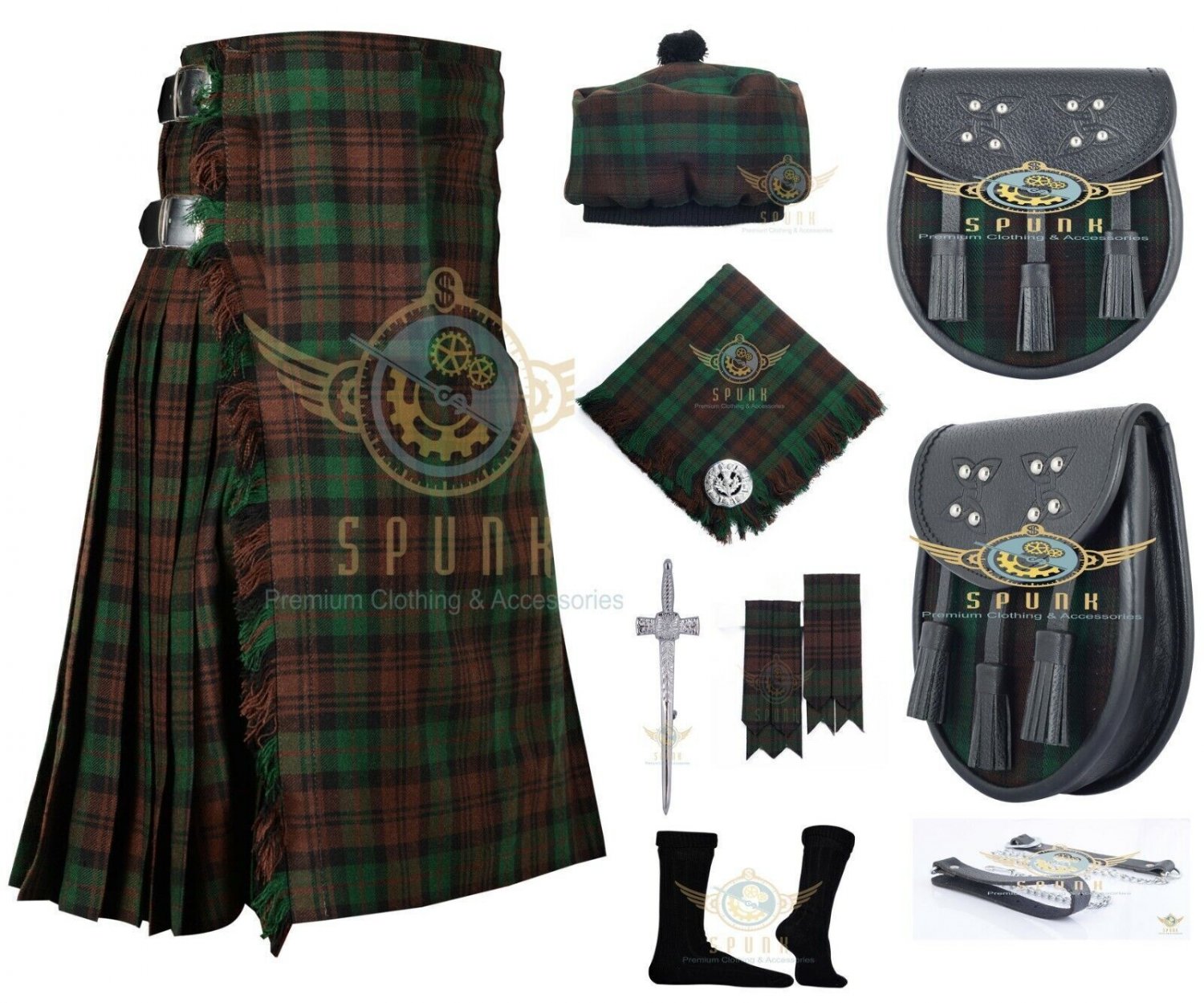 Scottish Highland Traditional Handmade Men's 8 YARD  Brown Watch TARTAN KILT and accessories