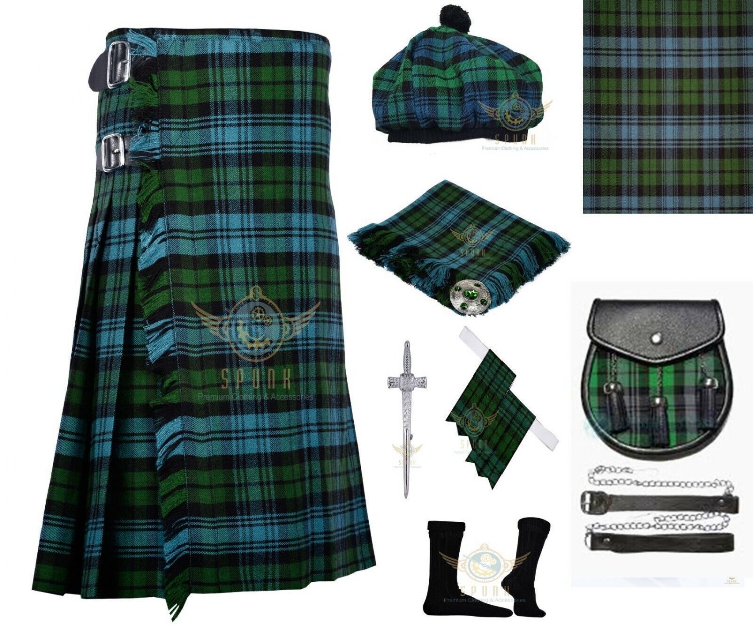 Scottish Highland Traditional Handmade Men's 8 YARD Campbell Ancient TARTAN KILT and accessories