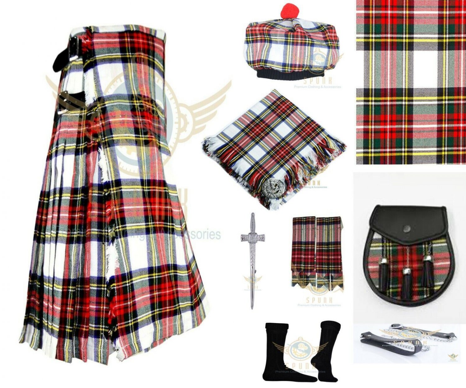 Scottish Highland Traditional Handmade Men's 8 YARD Dress Stewart TARTAN KILT and accessories