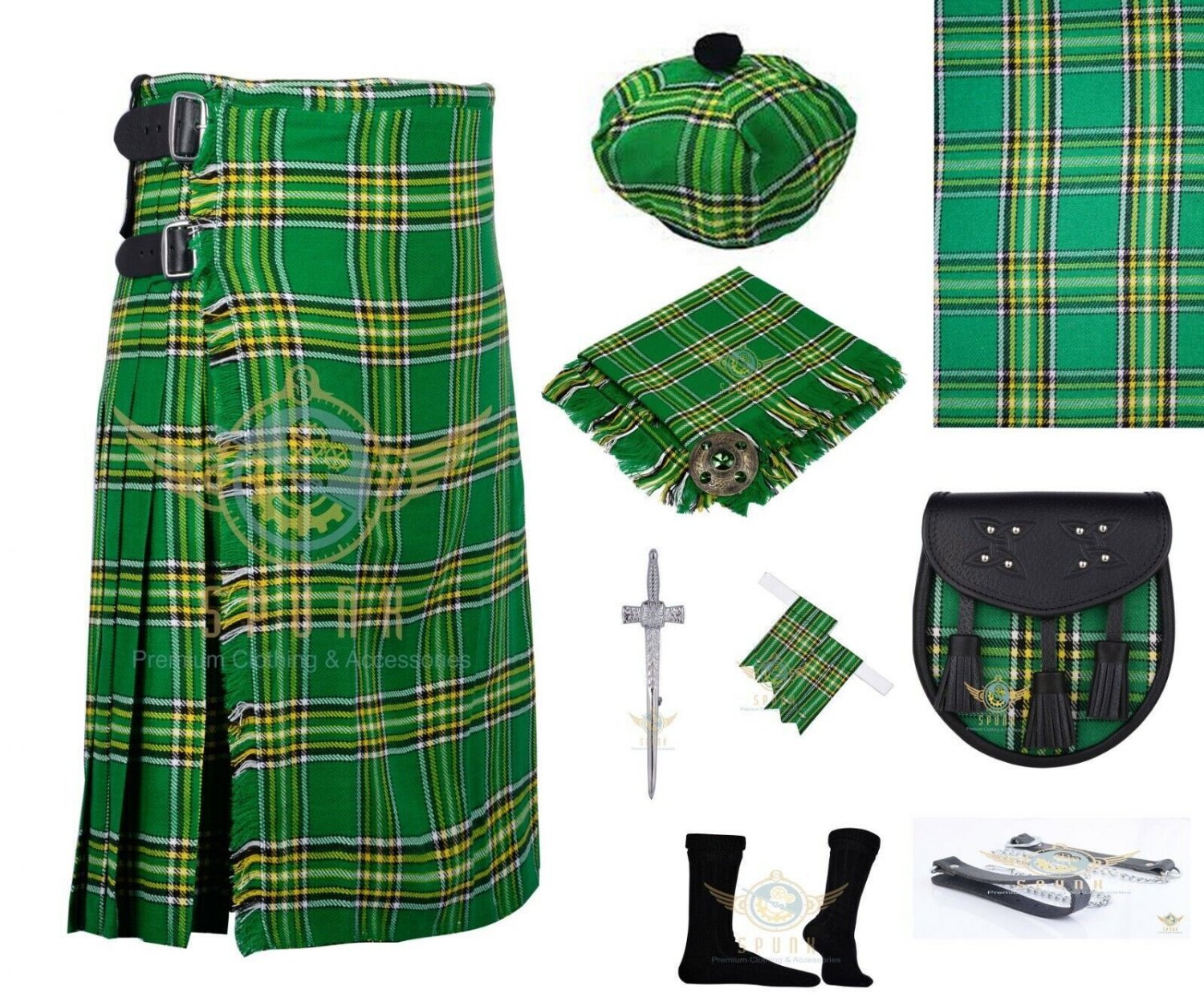 Scottish Highland Traditional Handmade Men's 8 YARD Irish TARTAN KILT and accessories