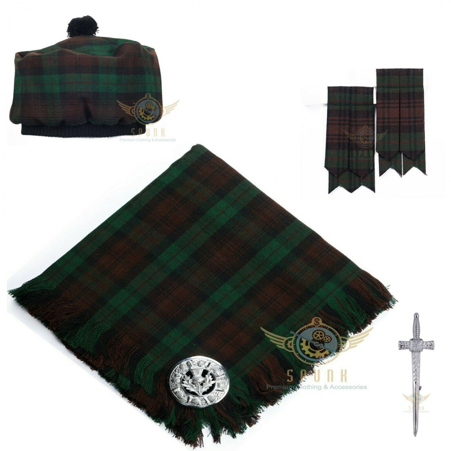 Traditional Scottish Brown Watch Tartan Kilt FLY PLAID Brooch - Flashes - Kilt pin - Tam Hat