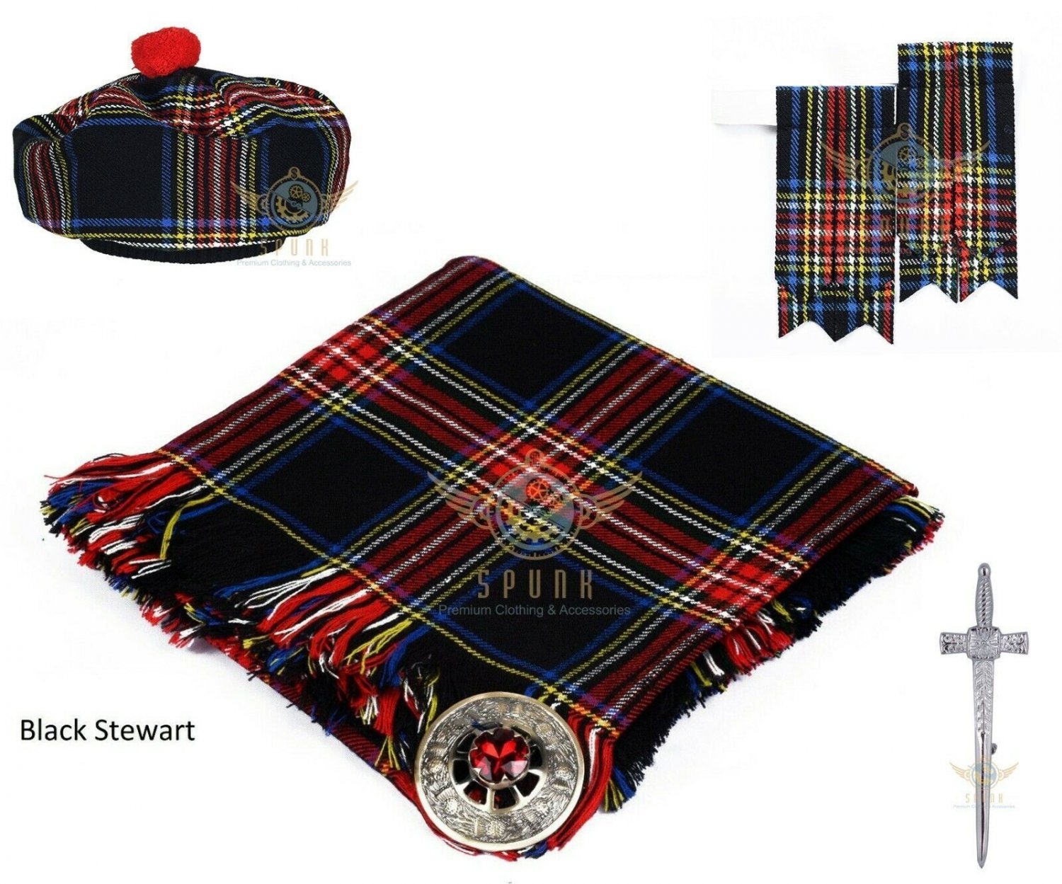 Traditional Scottish Black Stewart Tartan Kilt FLY PLAID Brooch Flashes - Kilt pin - Tam Hat