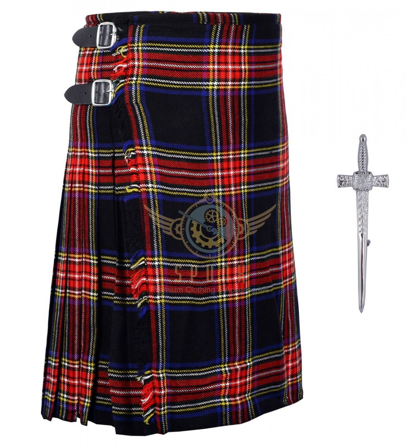 Scottish Men's 8 Yard Kilts 13oz, Casual Kilt, Various Black Stewart Tartan & KILT Pin
