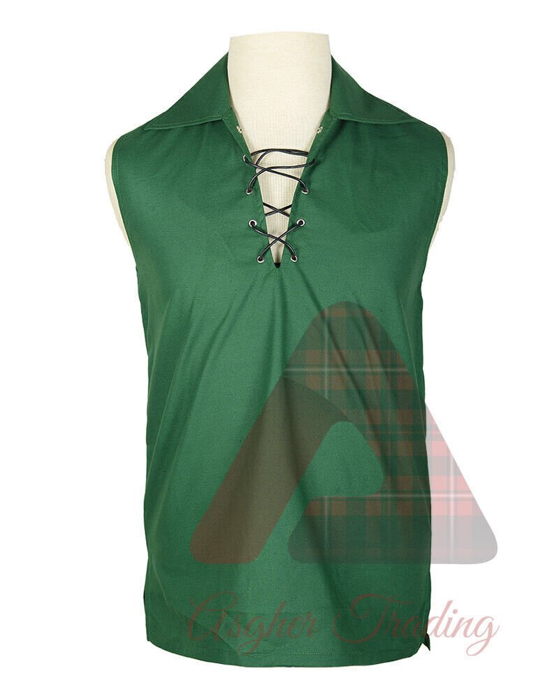 Mannen Lange Mouw Ghillie Shirt Jacobite voor Schotse Kilt Shirts lace up Henley Katoen veterschoenen, Wit, XL
