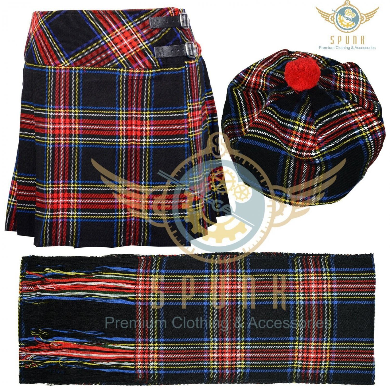 Scottish Ladies Mini black Stewart Tartan- Girls Skirt - Sash - Tam O 'Shanter Hat