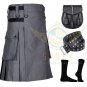 Scottish Men's Grey Cotton utility kilt - working Utility kilt Belt - Socks - Sporran