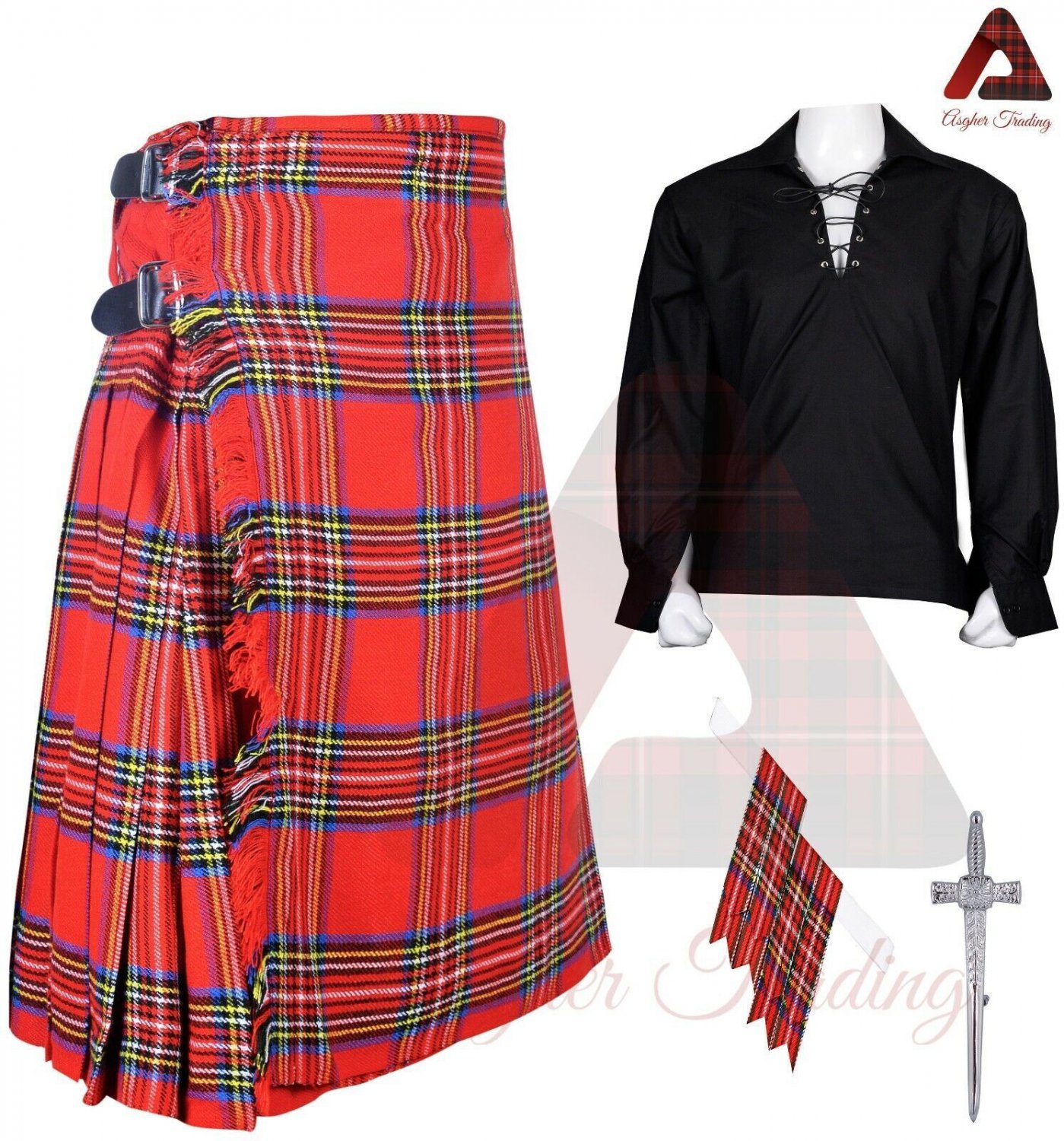 Scottish Men's Royal Stewart Tartan 8 Yard KILTS Highland Casual Kilt Shirt- flashes - Pin