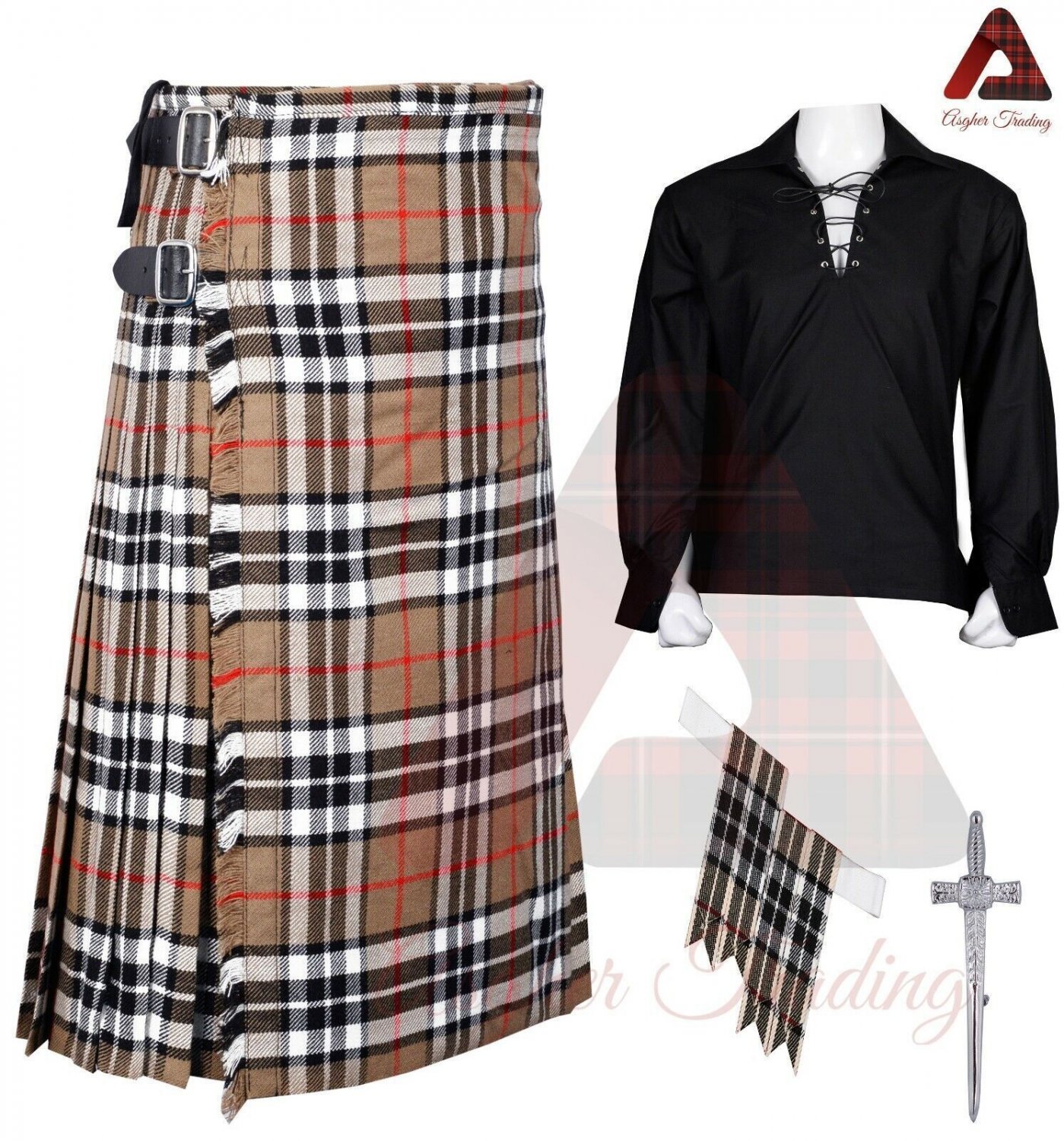 Scottish Men's Camel Thompson Tartan 8 Yard KILTS Highland Casual Kilt Shirt- flashes - Pin