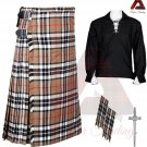 Scottish Men's Camel Thompson Tartan 8 Yard KILTS Highland Casual Kilt Shirt- flashes - Pin