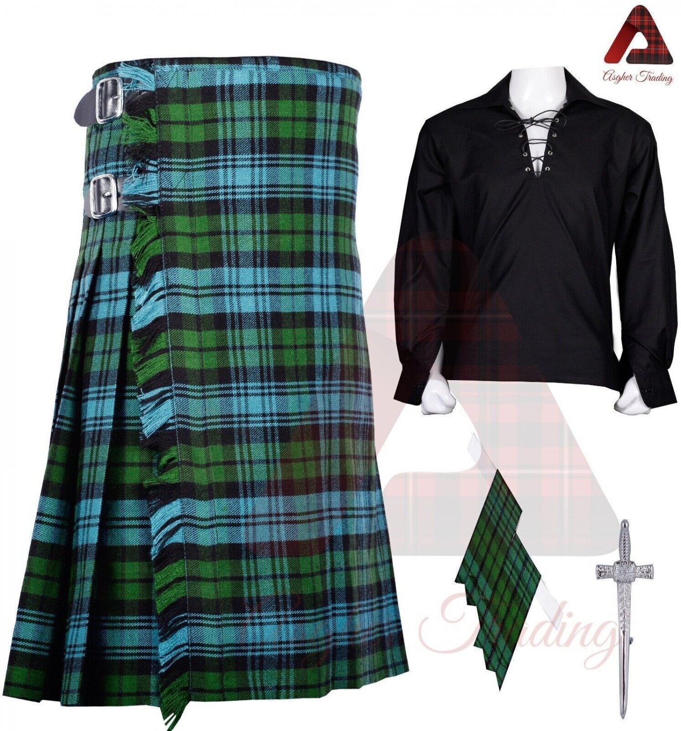 Scottish Men's Campbell Ancient Tartan 8 Yard KILTS Highland Casual Kilt Shirt- flashes - Pin