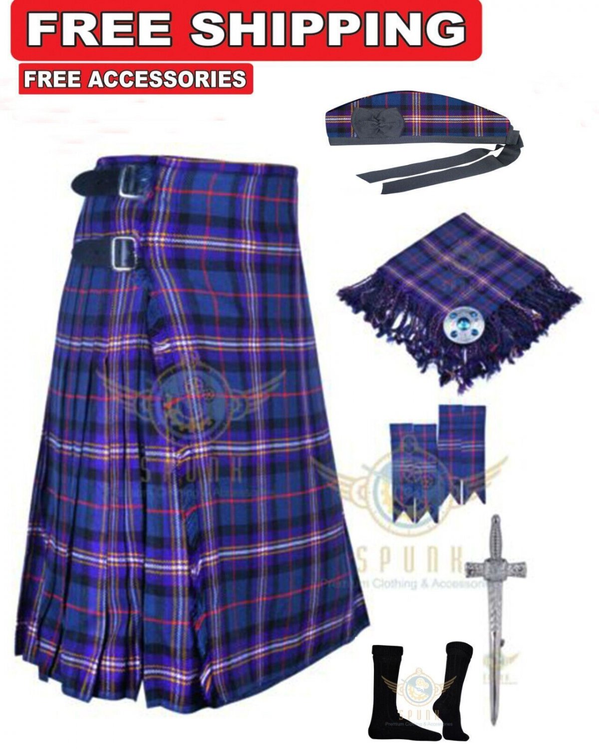 Scottish MASONIC Tartan 8 yard Kilt Highland Traditional Kilt Deal Set