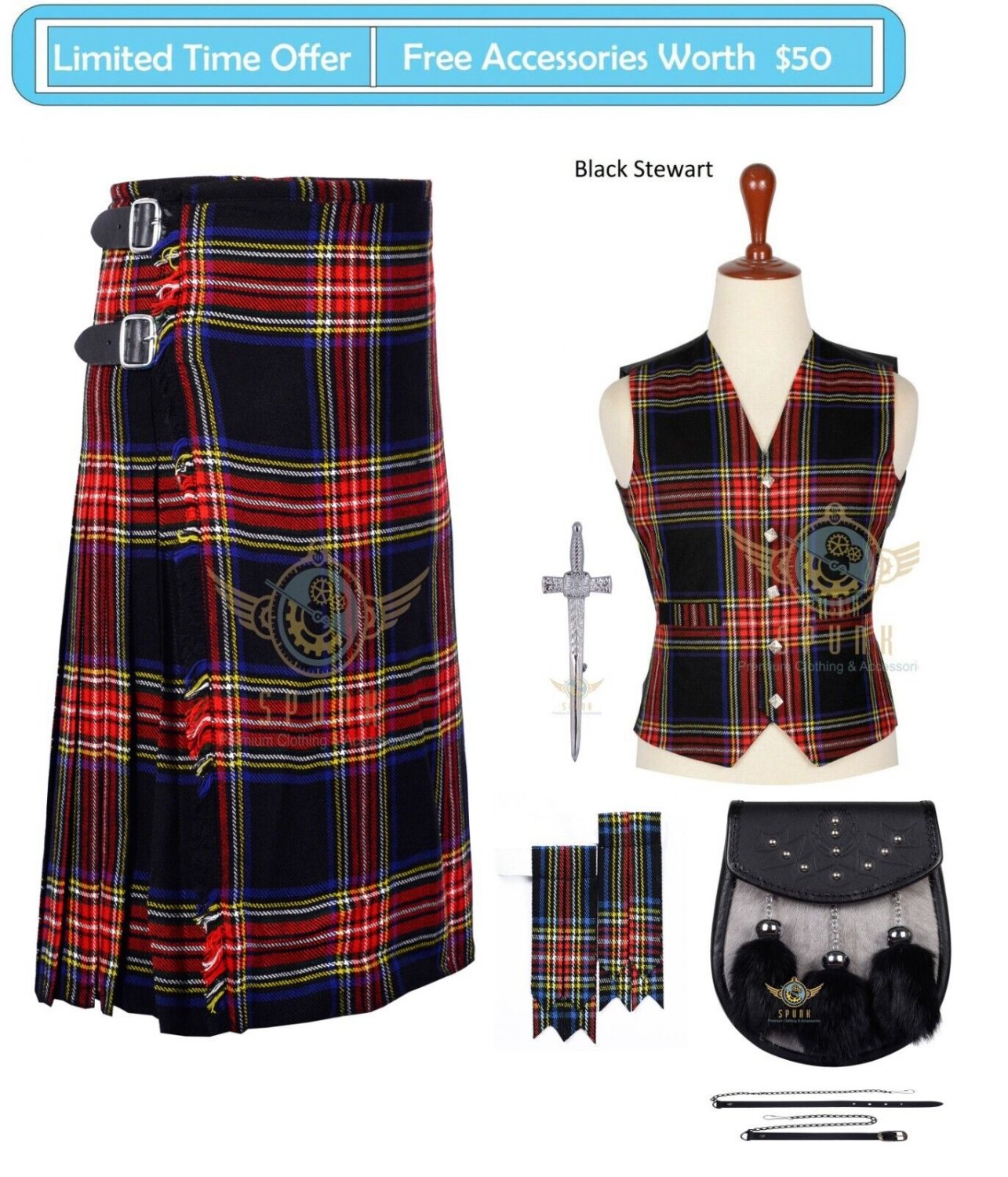 New Scottish 8 Yard Black Stewart Tartan kilts for men Highland Multi tartan Casual men's kilt