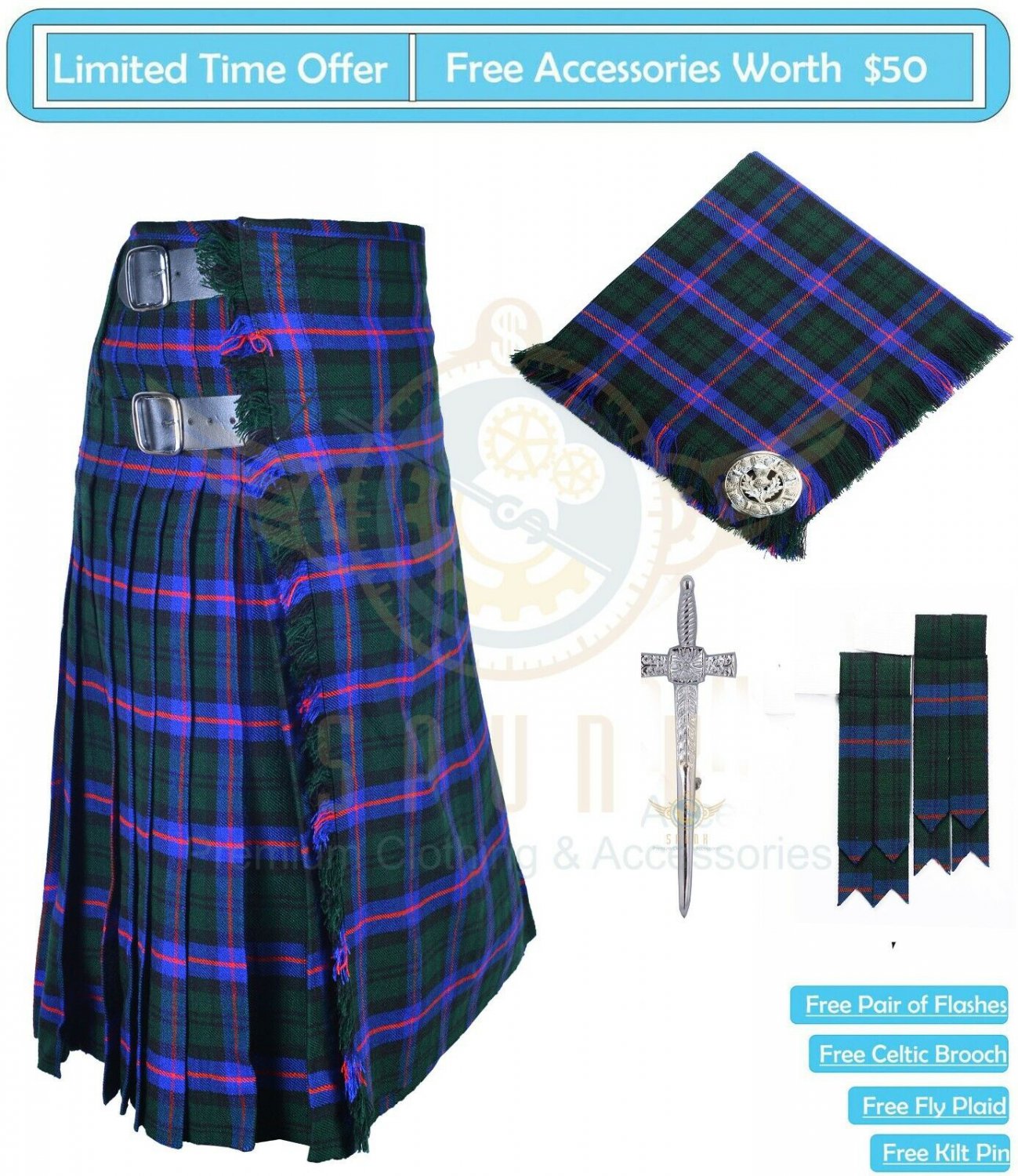 Armstrong Tartan 8 yard kilt Scottish Traditional KILTS With Accessories