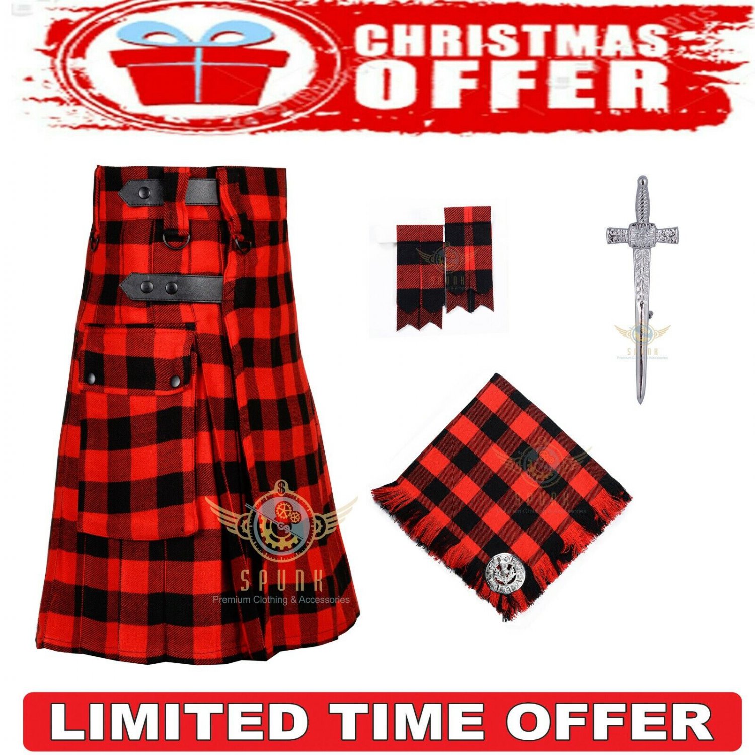 Men's Scottish MacGregor Rob Roy Tartan Utility Kilt Two Cargo Pockets Kilts Christmas offer