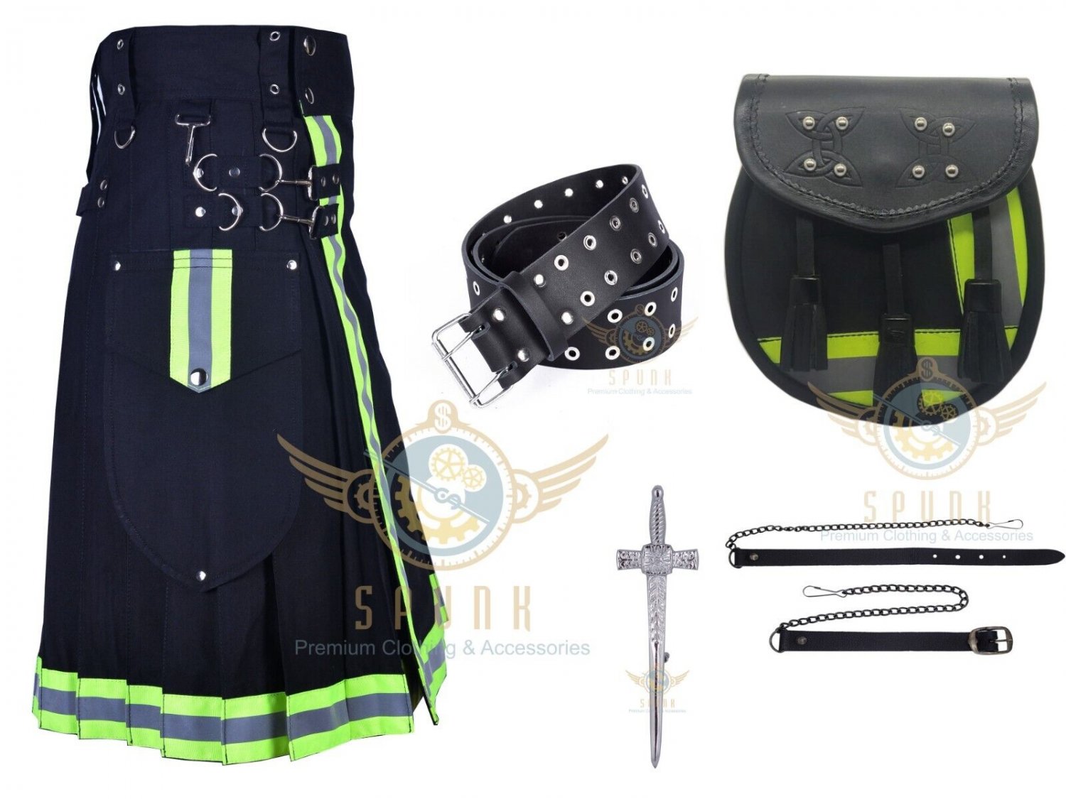 Firefighter BLACK Utility KILT Fireman Tactical Duty Kilts With Leather Belt & Sporran