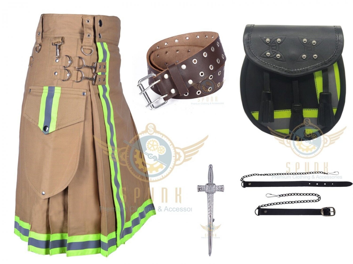 Firefighter Khaki Utility KILT Fireman Tactical Duty Kilts With Leather Belt & Sporran