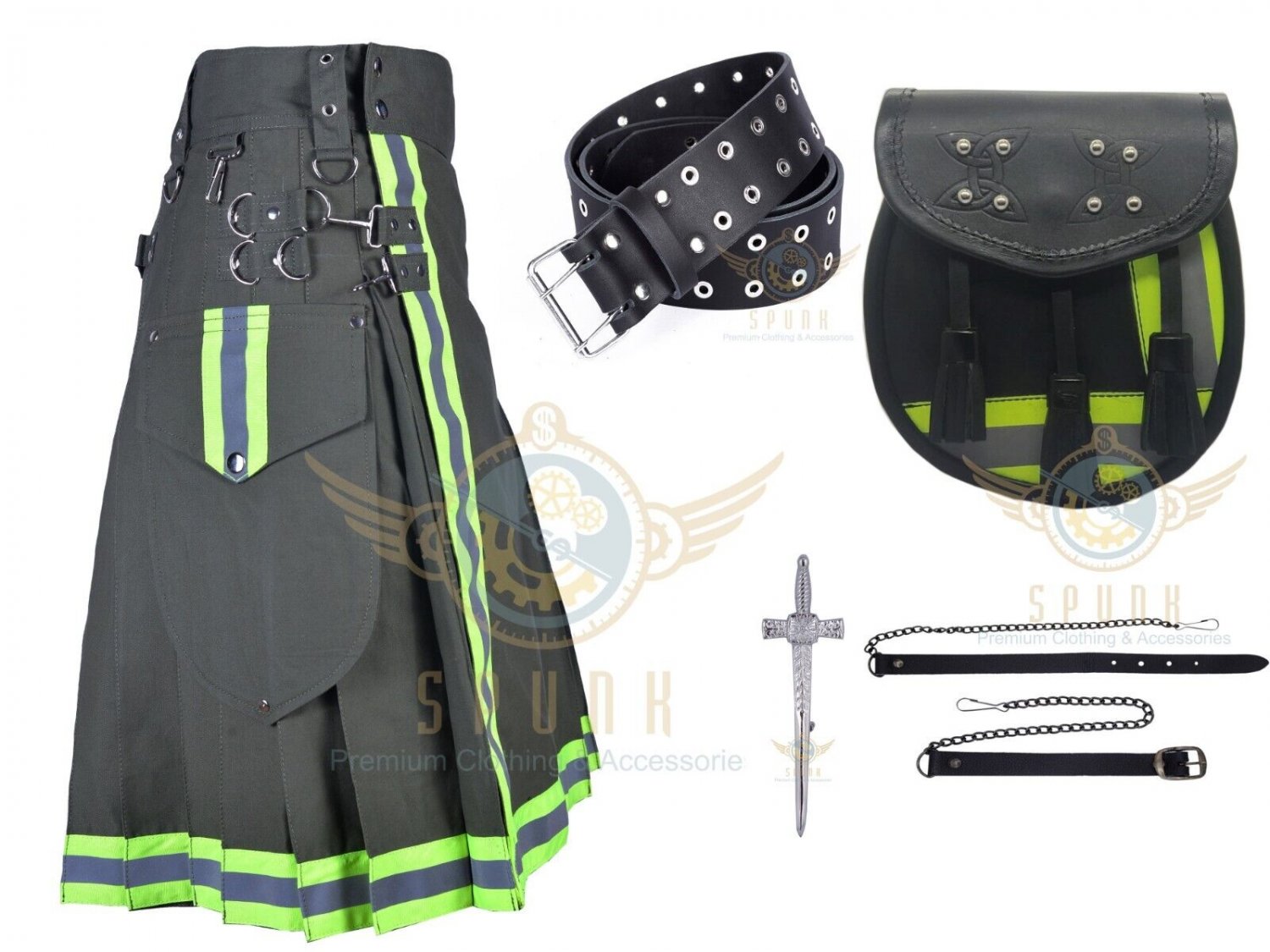Firefighter Olive Green Utility KILT Fireman Tactical Duty Kilts With Leather Belt & Sporran