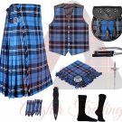 Men's Traditional 13Oz Scottish Ramsey blue Tartan 8 Yard Kilt With Accessories