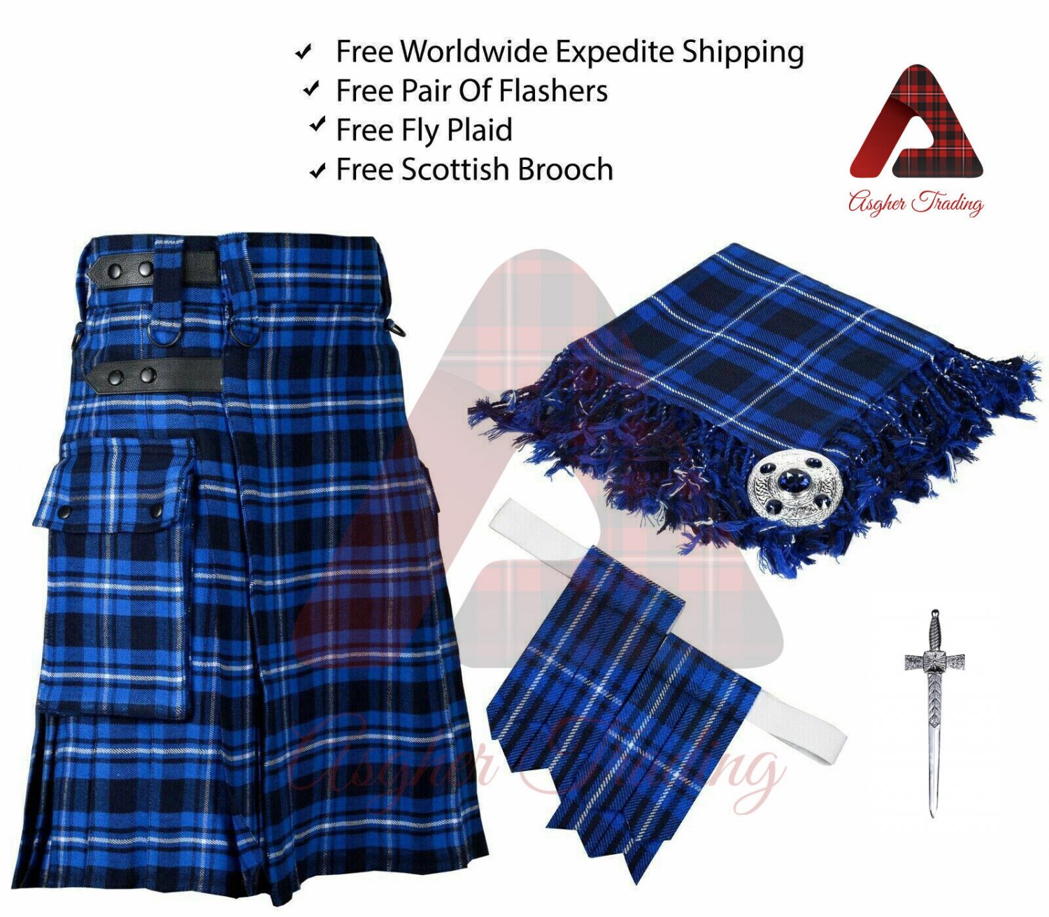 Men's Highlands American Patriot Tartan Utility Kilt With Flyplaid Brooch Pin