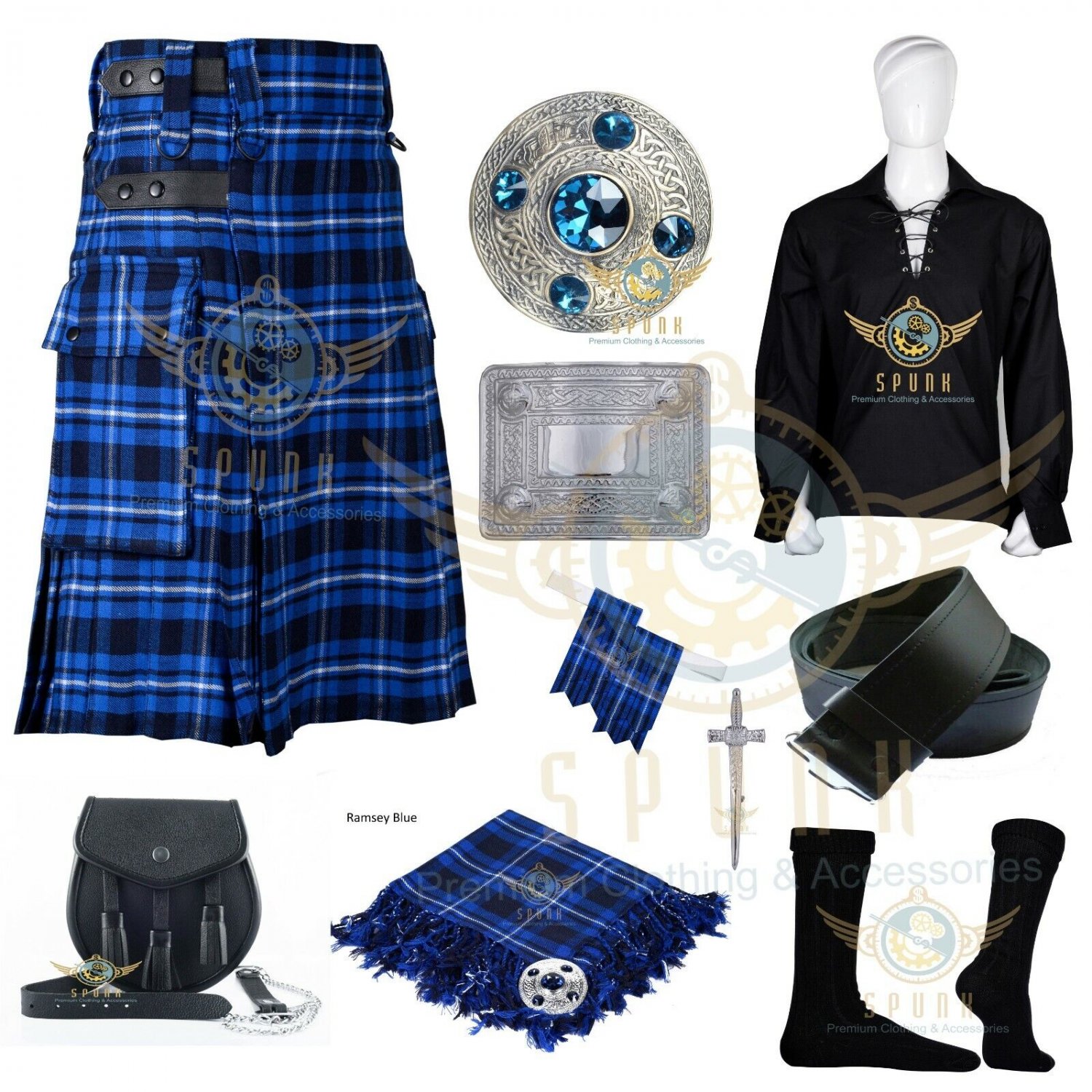 Men's Scottish Utility kilt Ramsey Blue TARTAN Utility Kilt 2 Cargo pockets