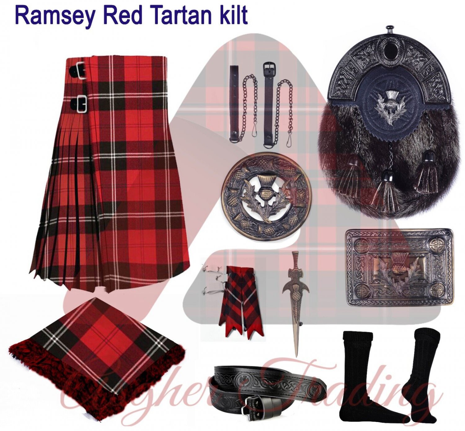 Men's Traditional 8 Yard kilt Ramsey Red TARTAN Kilt Highland Kilt & Accessories