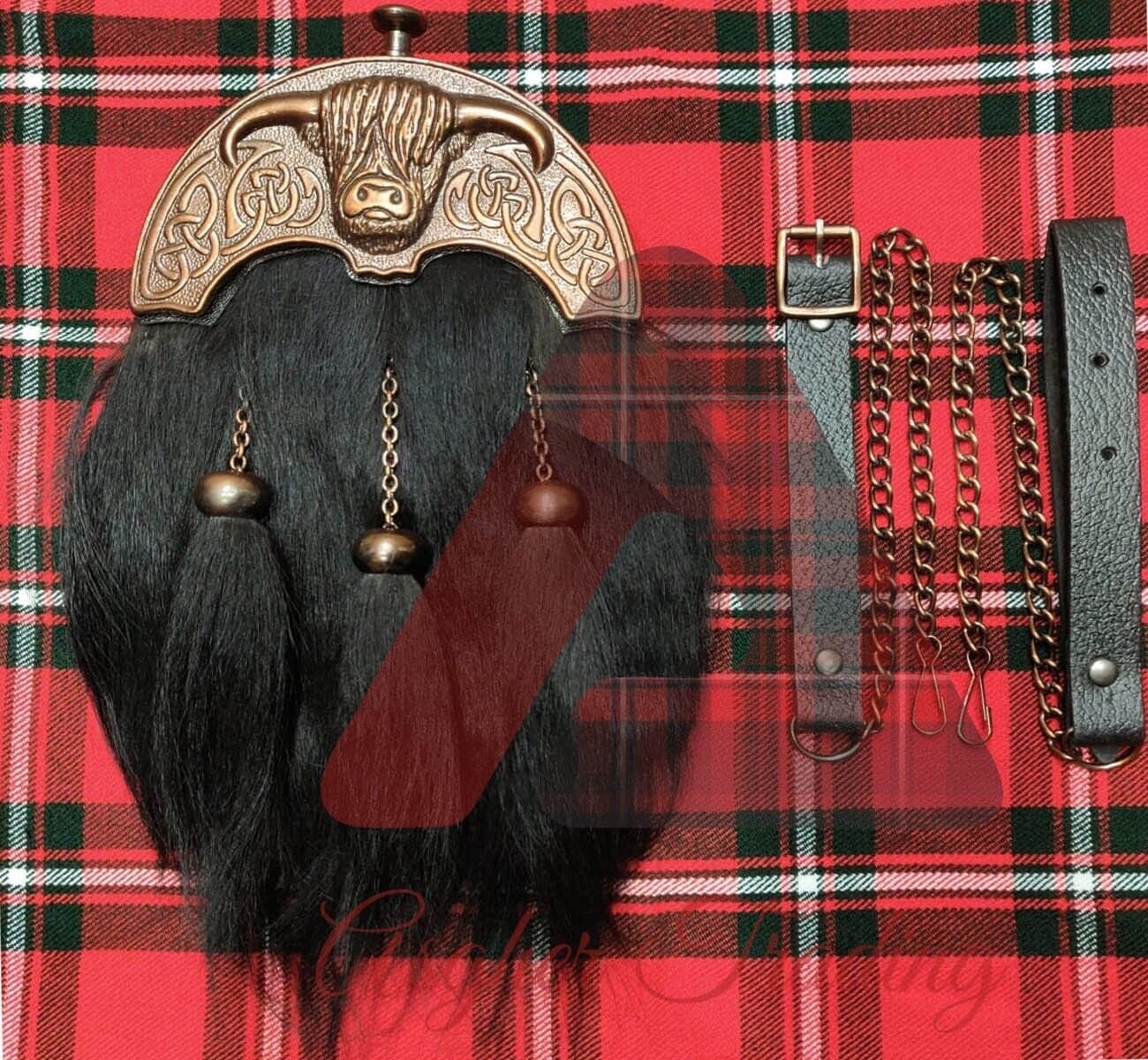 Full Dress Kilt Sporran Brass Antique Finish Highland Cow Cantle Real Goat Hair