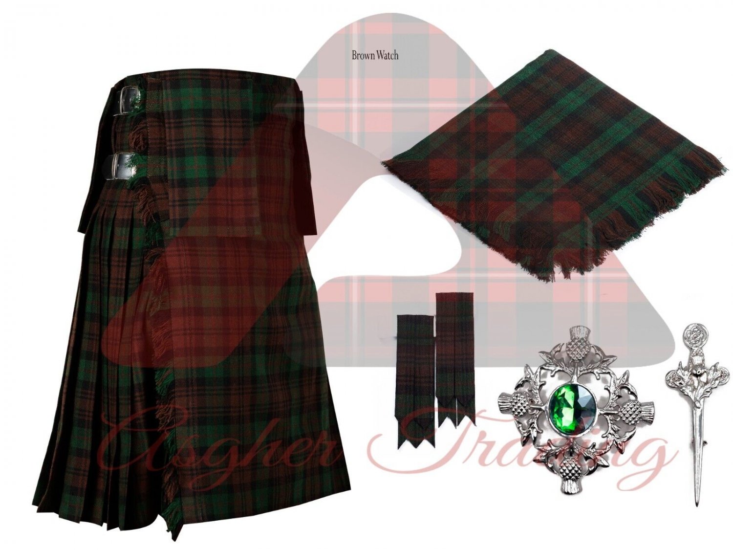 Brown Watch Tartan 8 yard kilt Traditional Scottish Thistle Kilt Pin Kilt Brooch