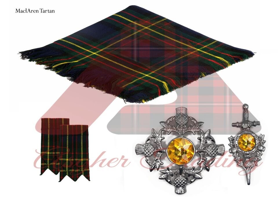 Scottish Maclaren Tartan kilt Fly plaid kilt Flashes with Thistle Design kilt Pin Brooch