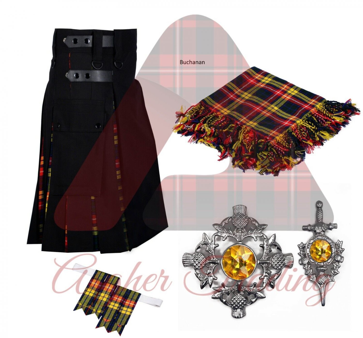 Buchanan Tartan Utility kilt Black Cotton under Pleats Kilt Fly plaid Kilt Pin