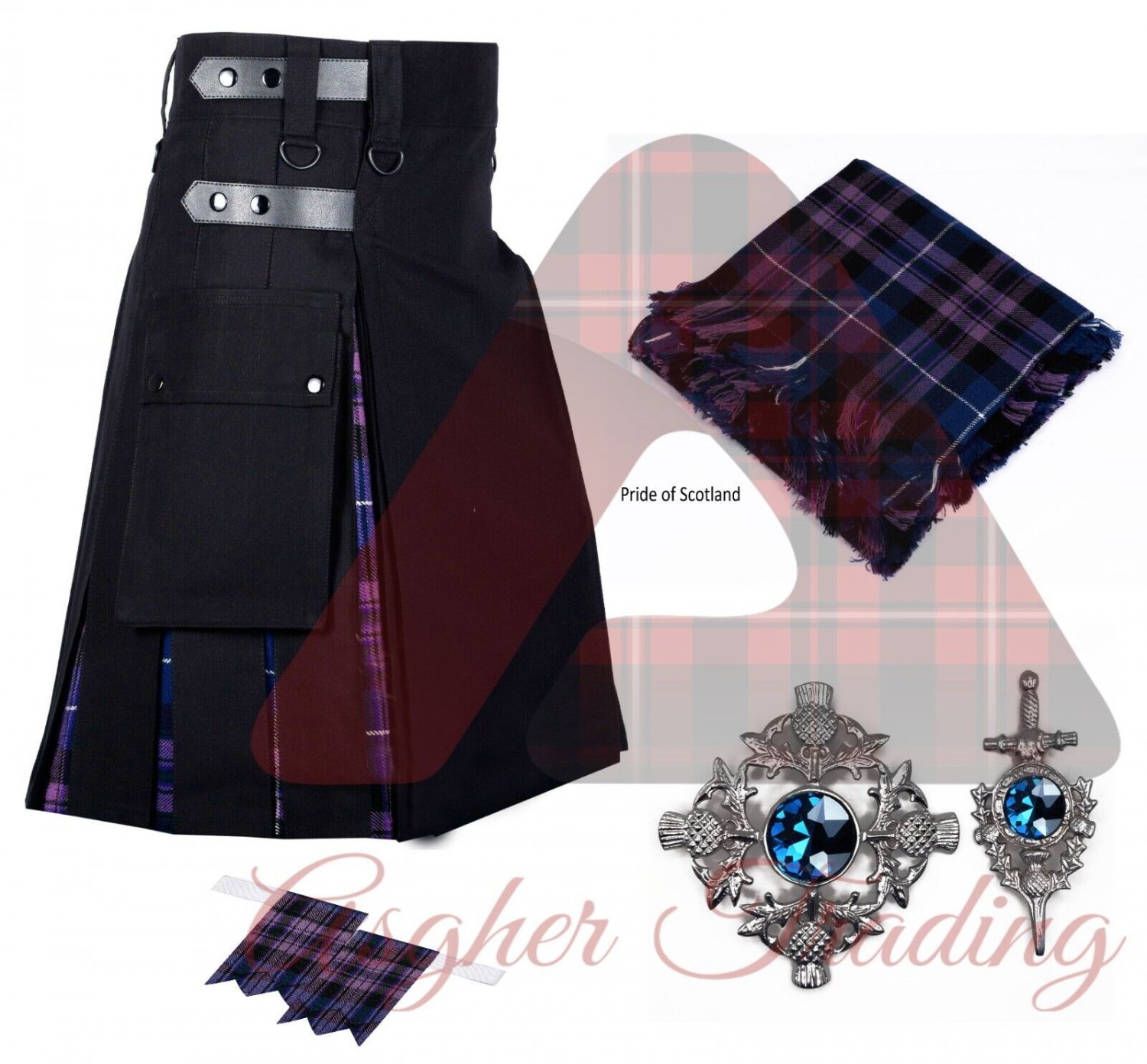 Tartan Utility Kilt Black Cotton kilt Pride of Scotland Kilt Flyplaid Brooch Pin
