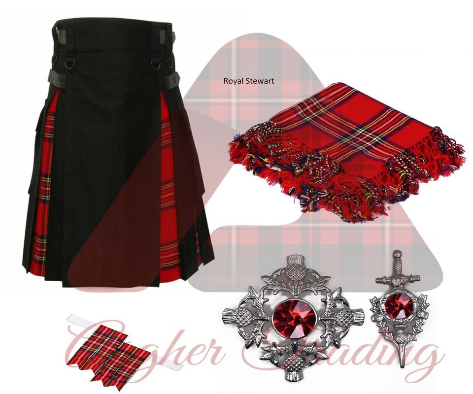 Tartan Hybrid Kilt Black Cotton Royal Stewart Utility kilt Flyplaid and Pin Brooch