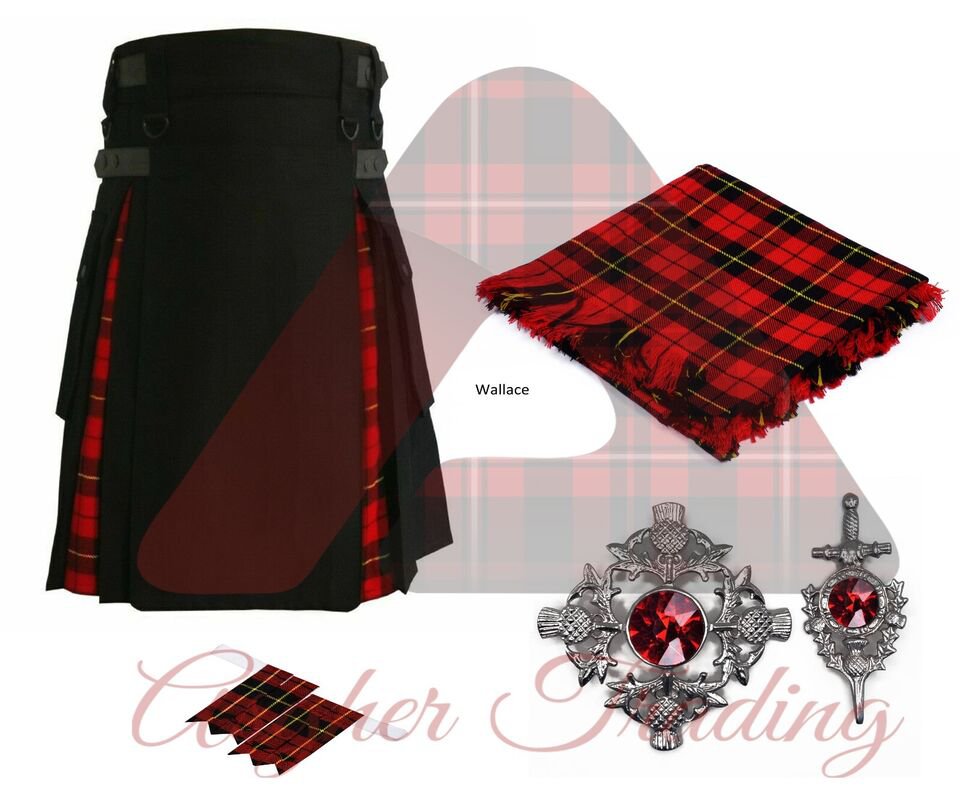 Wallace Tartan Utility kilt Black Cotton under Pleats Kilt Fly plaid Kilt Pin