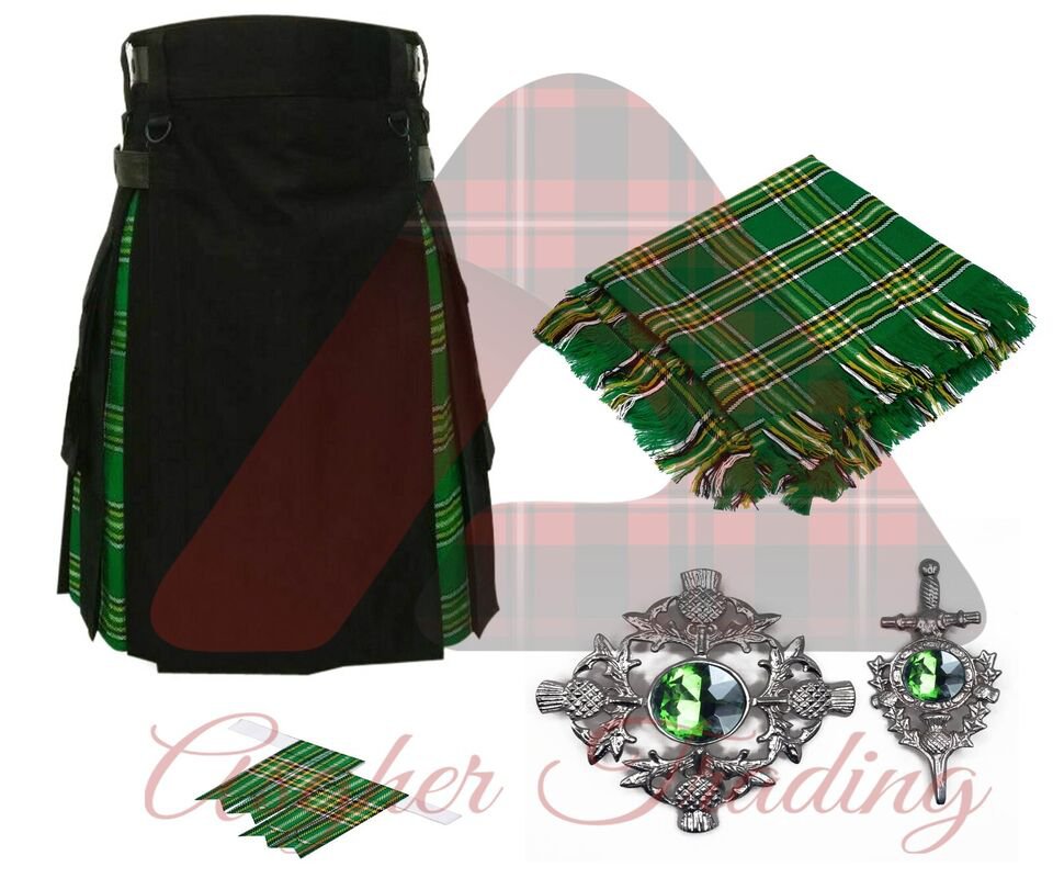 Irish Green Tartan Utility kilt Black Cotton under Pleats Kilt Fly plaid Kilt Pin