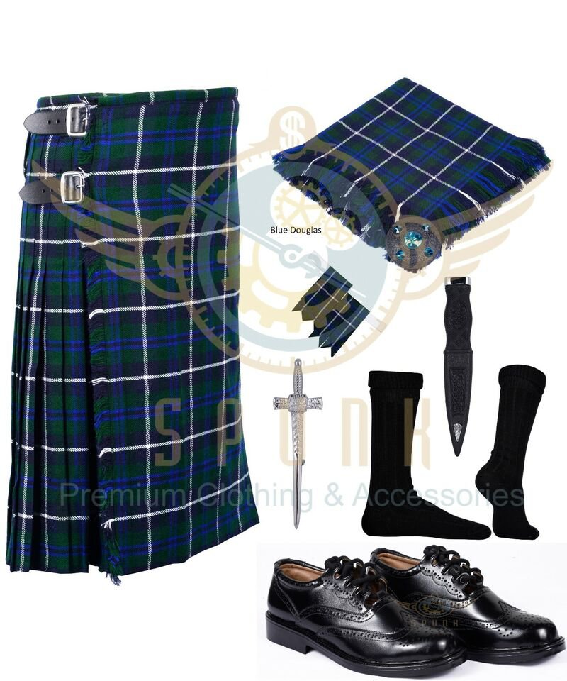 Men's Scottish Traditional Blue Douglas Tartan 8 yard kilt and Accessories