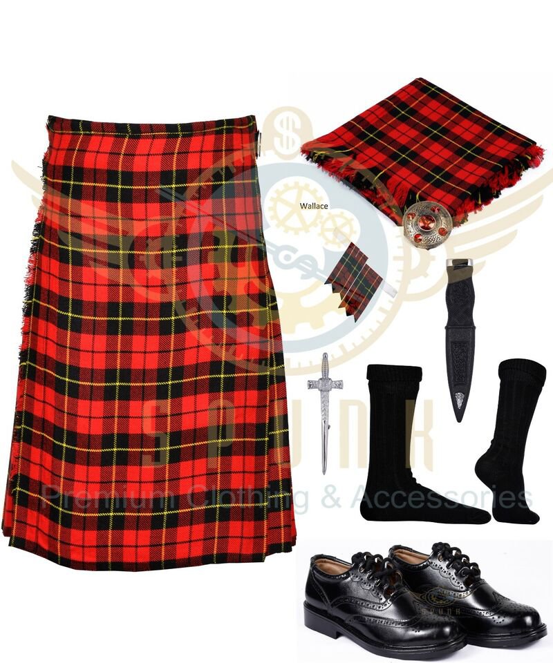 Men's Scottish Handmade Highland Wallace Tartan 8 yard Kilt & Accessories