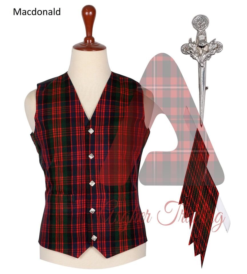 Highland Scottish Kilt Vest MacDonald Tartan Waistcoat kilt Waistcoat Kilt Flashes & kilt Pin
