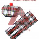 Scottish Highland Dress Stewart Tartan Scarf Traditional Tam o' Shatner Bonnet KILT Hat & Sash