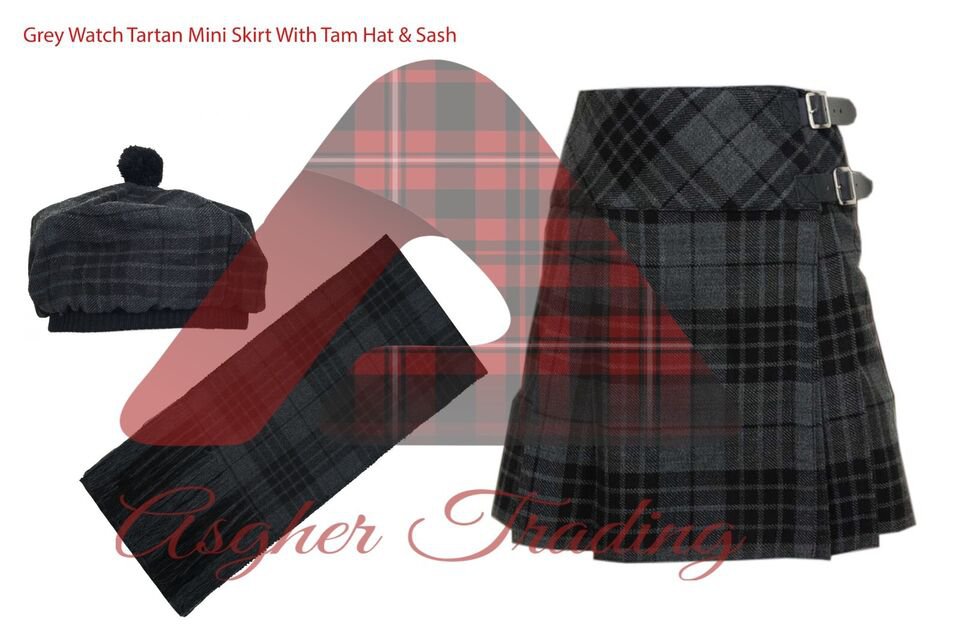 Scottish Mini Ladies Skirt Grey Watch Tartan/Women Mini Skirt Kilt With Tam Hat & Scarf