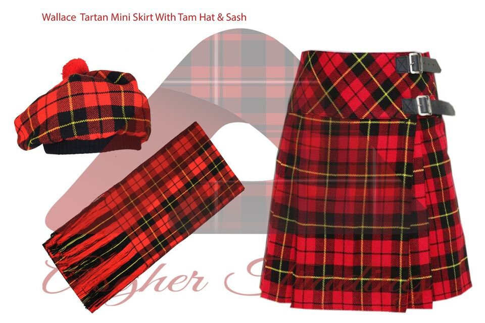 Scottish Mini Ladies Skirt Wallace Tartan/Women Mini Skirt Kilt With Tam Hat & Scarf