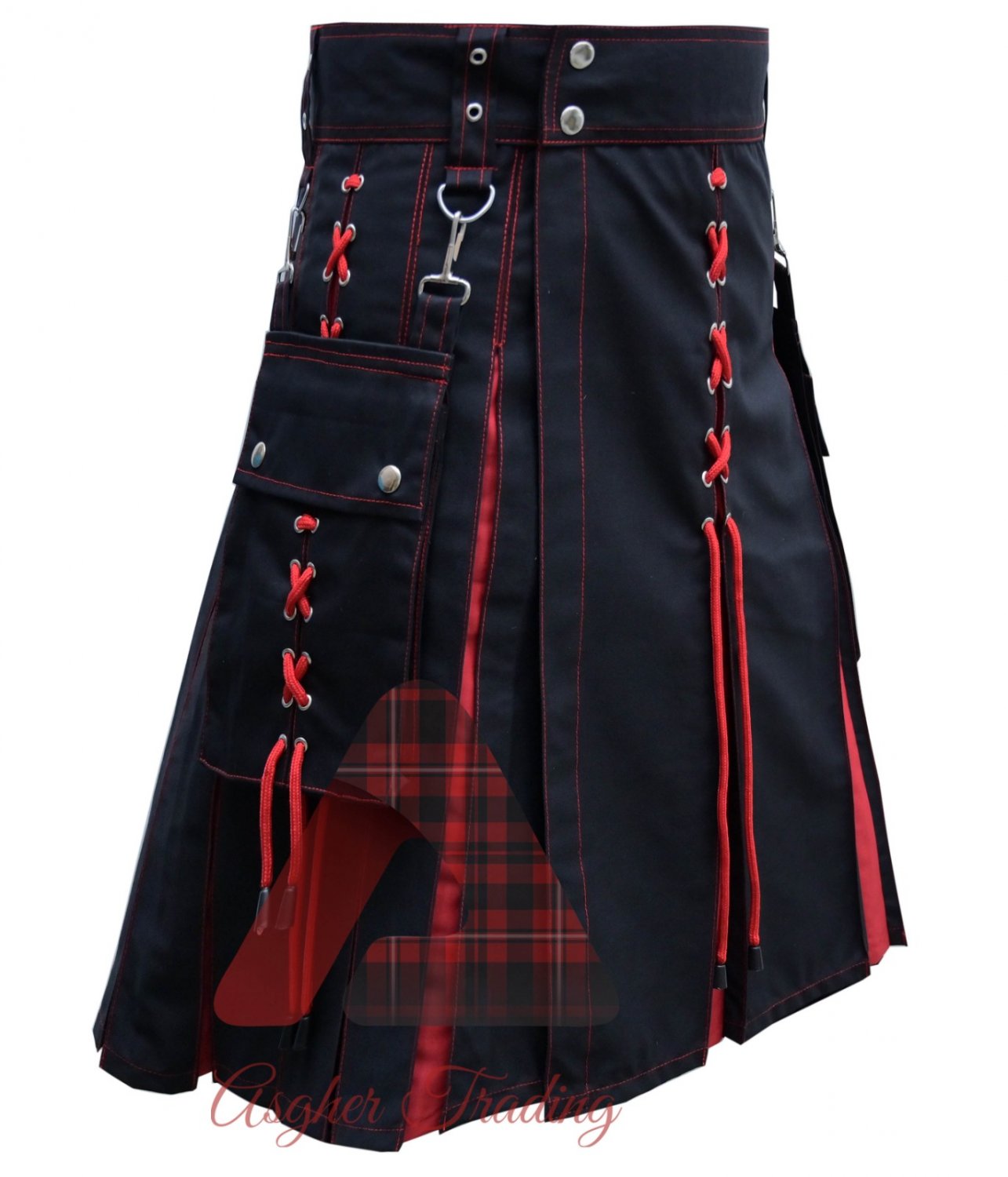 Scottish Handmade Red Pleats Hybrid Kilt 100% Cotton Jeans Utility Kilt For Men