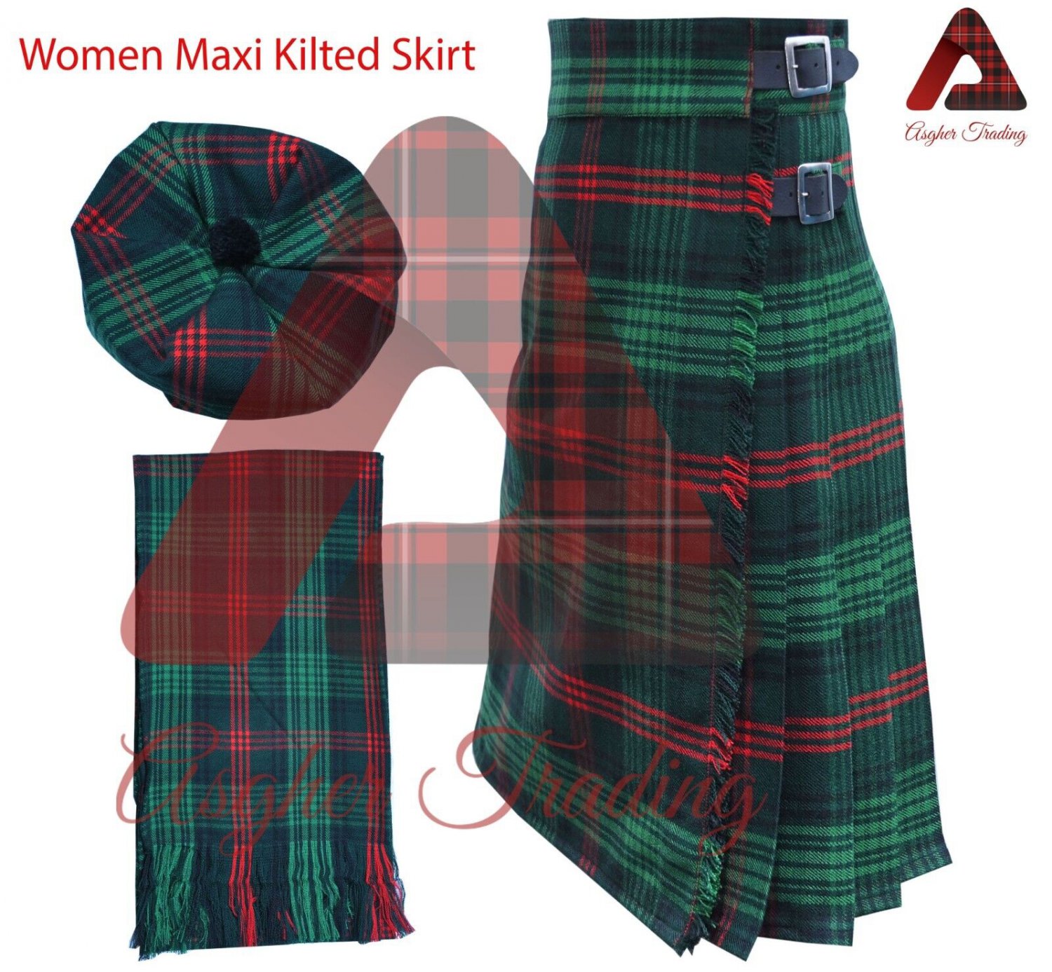 Maxi Kilted Skirt Womens Kilts Ross Hunting Modern Tartan Tam Hat And Scarf 2921