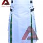 Men's Handmade Scottish Irish Green Tartan With White Cotton Hybrid Utility kilt