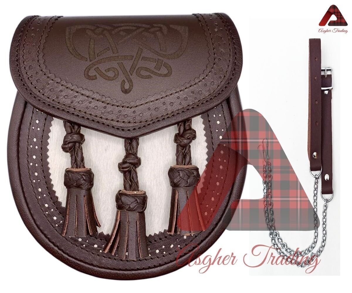 Scottish Handmade Traditional Kilts Semi Dress Sporran Bag With Belt & Chain