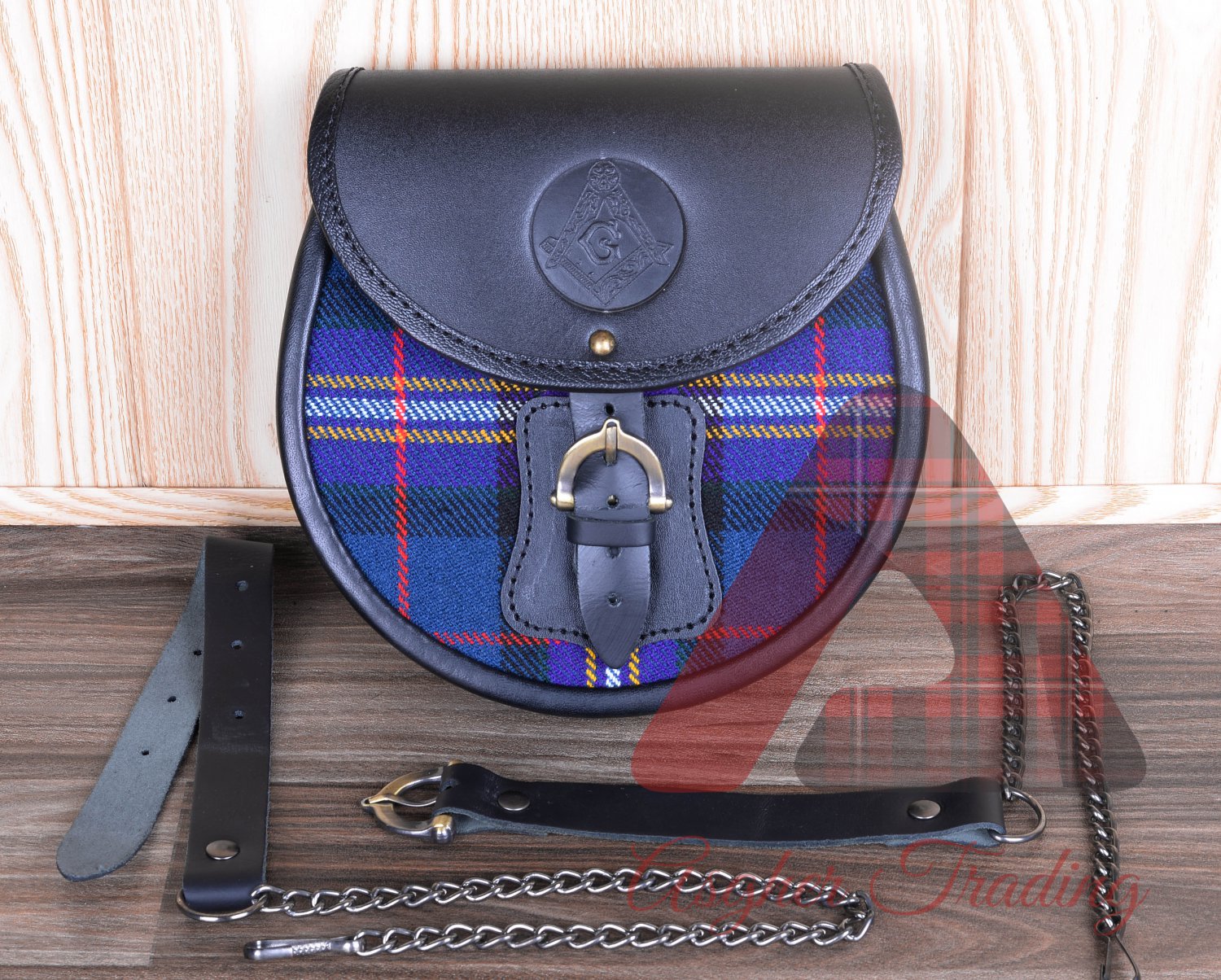 Scottish Black Leather Masonic Embossed Semi Dress Tartan KILT SPORRAN & Chain
